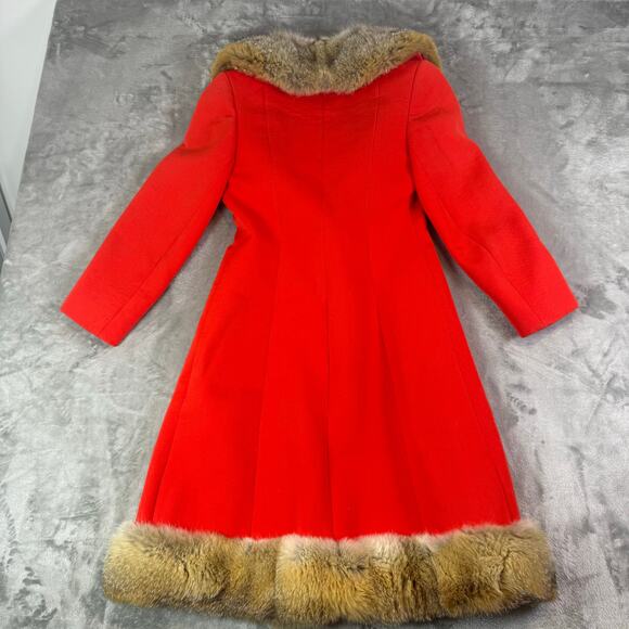 VTG L.C. Mae California Red Wool Coat Fur Trim Collar Hem Mid-Century Long XS - Picture 3 of 13